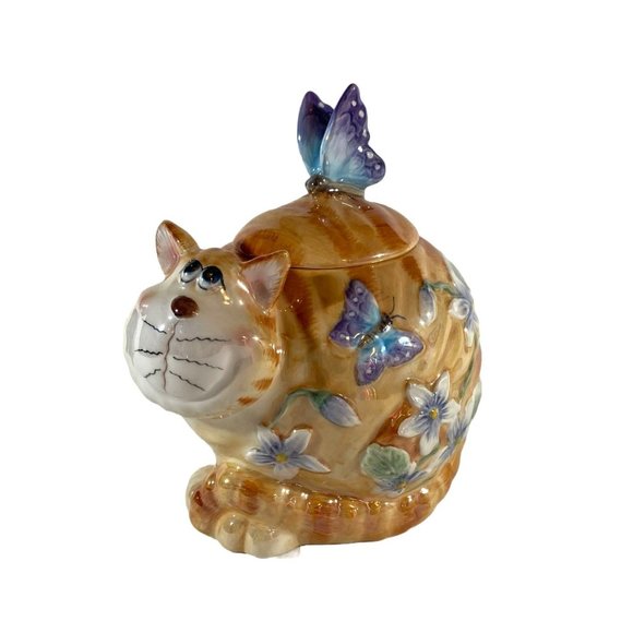 Unique Vintage Accents Vintage Chonky Ginger Cat Jar Wbutterflies